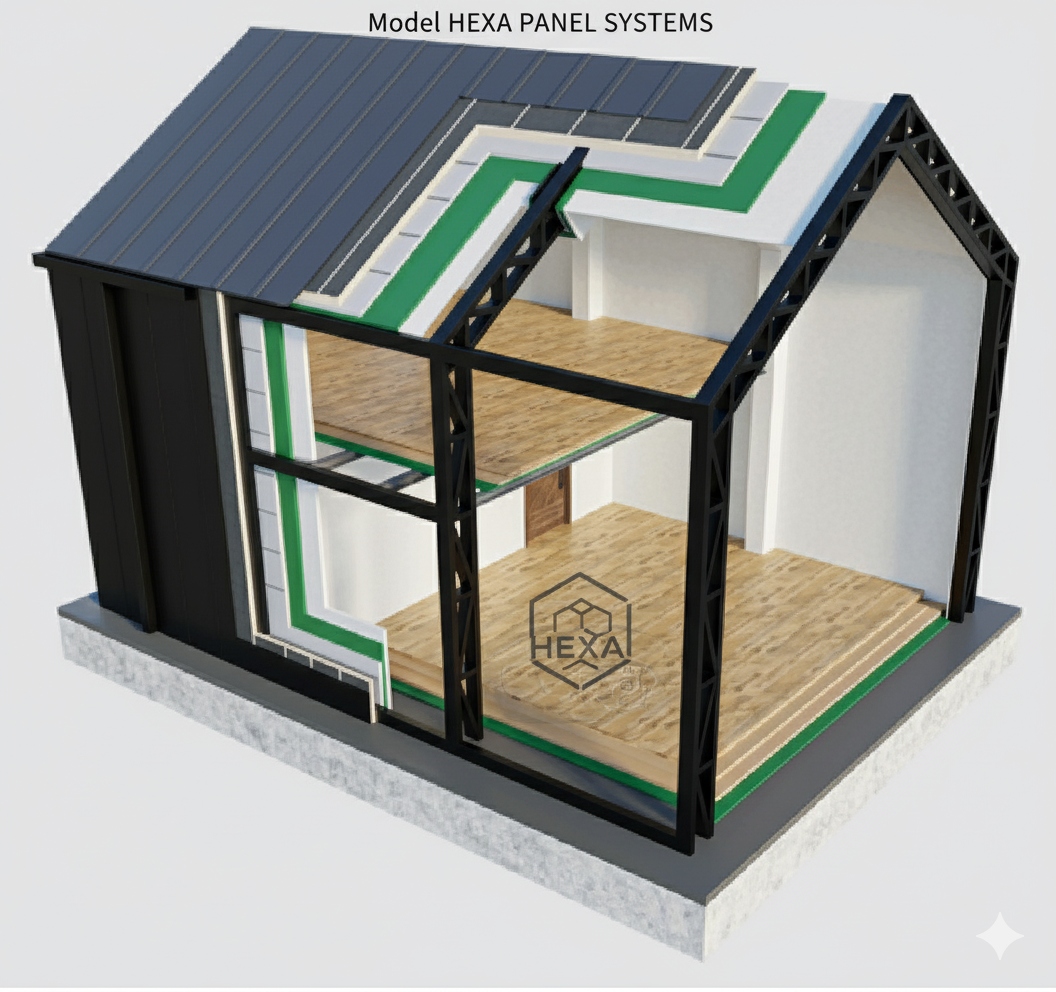Dom Hexa Panel Systems — przekrój z płytami PIR i szkieletem