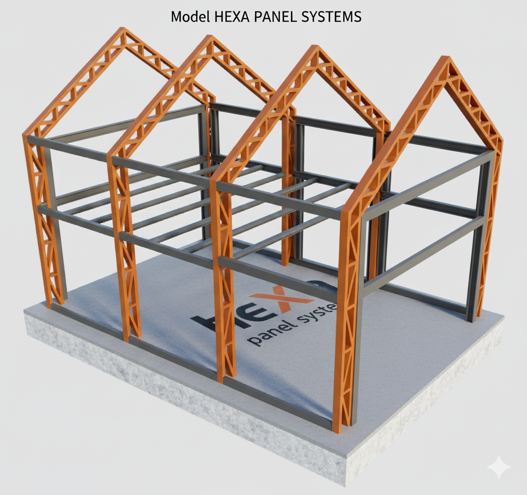 Dom Hexa Panel Systems — stalowe kratownice pomarańczowe